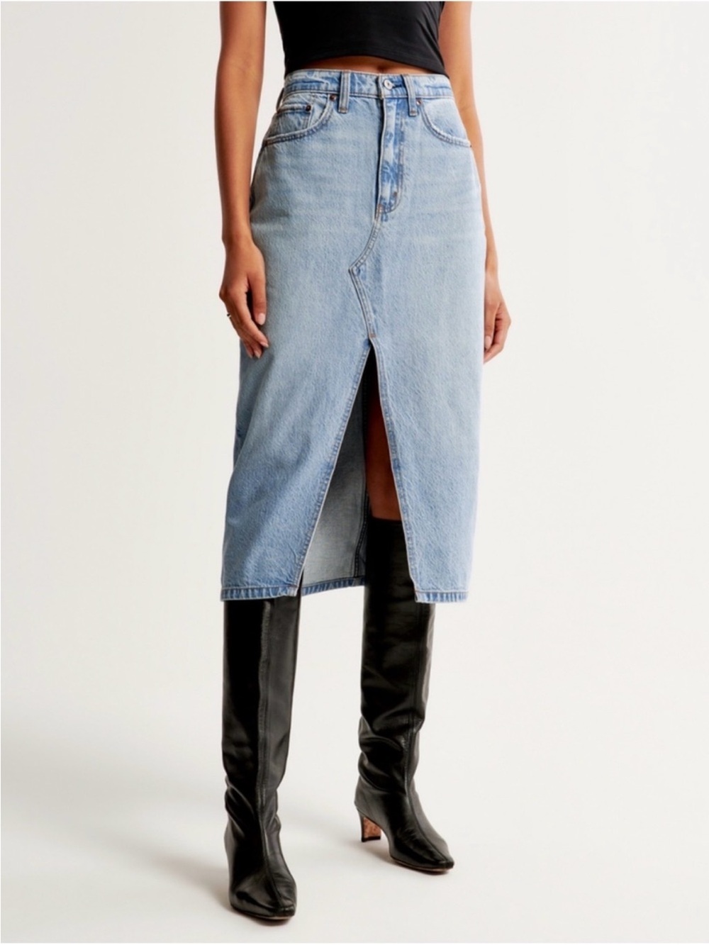 Abercrombie & Fitch Light Blue Denim Midi Skirt with Center Front Slit